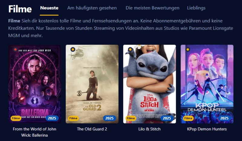 Screenshot der Filmpalast-Benutzeroberfläche die verschiedene Filmtitel und Serienepisoden darstellt.